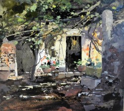 Napoli 1901 – Roma 1971</br> Cortile a Capri, 1948</br> Olio su cartoncino (cm 29 x 36)