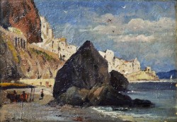 XIX secolo</br> Amalfi dalla spiaggia dei Cappuccini</br> Olio su tavola (cm 23 x 33)