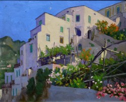 Assisi 1878 – Roma 1946</br> Mattino ad Amalfi</br> Olio su tavola (cm 24 x 29,5)