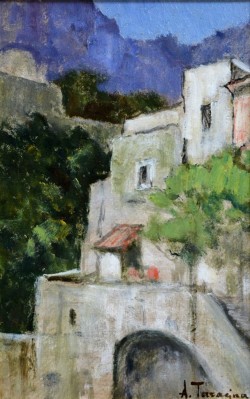 Napoli 1882 – 1958</br> Case a Positano</br> Olio su tavola (cm 18 x 28)