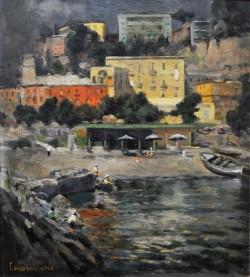 Irsina 1887 – Napoli 1963 </br>Estate in Costiera, 1952 </br>Olio su tela (cm 36 x 34)