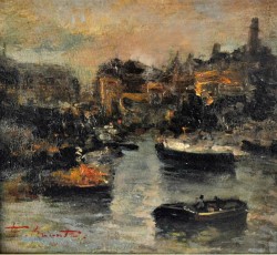 Napoli 1901 – Roma 1971</br> Prime luci nel porto, 1936</br> Olio su cartone (cm 15 x 17)