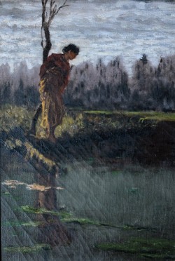 Roma 1843 – 1921 </br>Allo stagno, Incertezza, 1882</br> Olio su tela (cm 20,5 x 30,5)