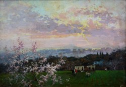 Venosa 1863 – Roma 1943 </br>Corsa di bimbi al tramonto, 1909 </br>Olio su tavola (cm 35 x 50)