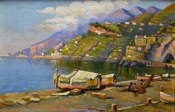 Maiori 1845 – 1924</br> La spiaggia di Maiori</br> Olio su tavoletta (cm 14,5 x 20,5)