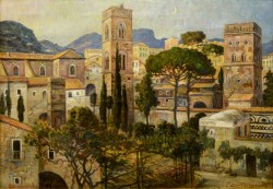 Danimarca 1882 – 1953</br> Verso sera a Ravello, 1933</br> Olio su tela (cm 52 x 75)