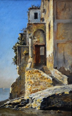 Roma 1843 – 1921 </br>Scorcio di abitazione ad Ischia, 1877</br> Olio su tela (cm 20,5 x 32,5)