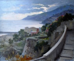 Salerno 1884 – 1965</br> Verso sera a Salerno, 1952</br> Olio su tavola (cm 39 x 45)