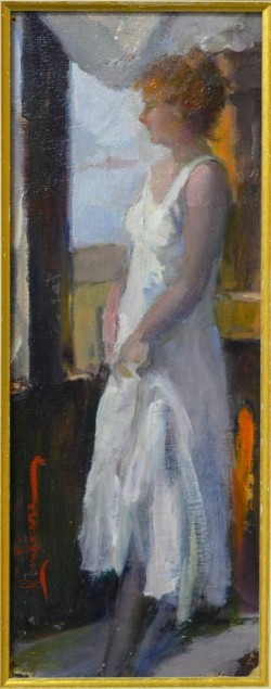 Cava dei Tirreni 1925 – Napoli 2004</br> Alla finestra</br> Olio su tela (cm 20,5 x 24,5)