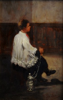 Venosa 1844 – Napoli 1883 </br>Prima della messa, 1878 </br>Olio su tavoletta (cm 9 x 14)