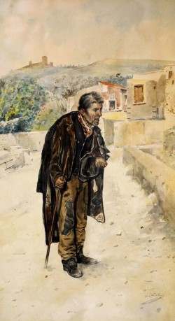 Salerno 1849 – La Spezia 1939</br> Il mendicante</br> Acquerello su carta (mm 295 x 530)