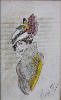 Amalfi 1863 – Napoli 1920 </br> Donna con il ventaglio</br> Acquerello su carta (mm 80 x 130)