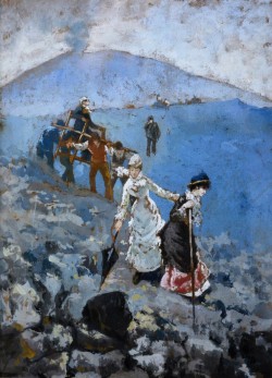 Amalfi 1863 – Napoli 1920 </br> Sulla lava del Vesuvio, 1892</br> Olio su seta (cm 21 x 30)
