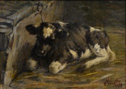 Melfi 1885 – Sarno 1953 </br> Nella stalla, 1936 </br>Olio su tela (cm 16 x 22)