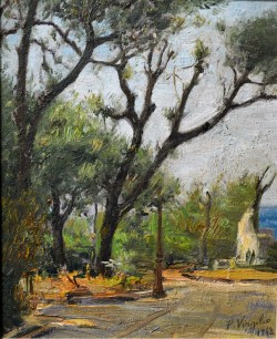 Melfi 1885 – Sarno 1953 </br>Pomeriggio in villa, 1942</br> Olio su tavola (cm 22 x 17)