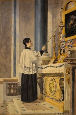 Venosa 1844 – Napoli 1883 </br>La Messa è finita </br>Tecnica mista (mm 570 x 380)