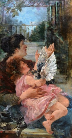 Moliterno 1834 – Napoli 1917 </br> Cari colombi </br>Olio su tela (cm. 104 x 54)