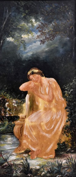 Seconda metà del XIX secolo </br>Estasi alla fonte </br> Olio su tavola (cm 48 x 23)