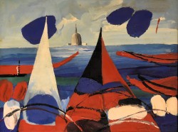 Monza 1907 – Milano 1974 </br>Gondole a pois </br> Olio su tela (cm 30 x 40)