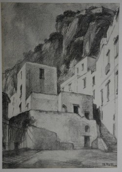 Taranto 1897 – Sorrento 1987 </br>Atrani – Largo Collegiata S. Maria Maddalena</br> Carboncino su carta (mm 550 x 380)
