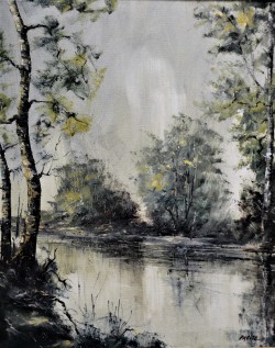 Venosa 1935 - Meina 2022</br> Il fiume, 1977</br> Olio su tela (cm 50 x 40)