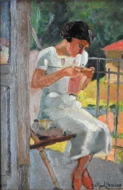 Torino 1897 – 1968 </br>Dolcezze e premure, 1935</br> Olio su tavola (cm 30 x 20)