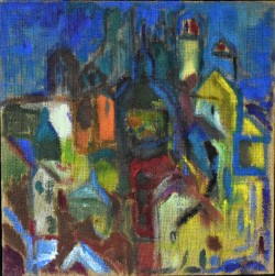 Genova 1964 </br>Trame di colore</br> Tecnica mista su tela di iuta (mm 600 x 600)