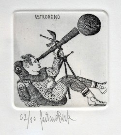 Forenza 1933 – Orbetello 1998 </br>12 Congetture sull’attività dell’uomo, 12/12/1977 – 1 di 12 Astronomo</br> Incisione su carta (misure foglio cm 27 x 19 – inciso mm 65 x 65) 62/80