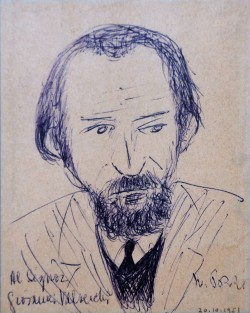 Bergamo 1911 – Milano 1989 </br>Autoritratto, 20/10/1951</br> Penna su cartoncino (mm 130 x 100)
Dedicato in basso a sinistra e firmato in basso a destra