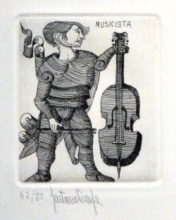 Forenza 1933 – Orbetello 1998 </br>12 Congetture sull’attività dell’uomo, 12/12/1977 – 2 di 12 Musicista</br> Incisione su carta (misure foglio cm 27 x 19 – inciso mm 80 x 65) 62/80