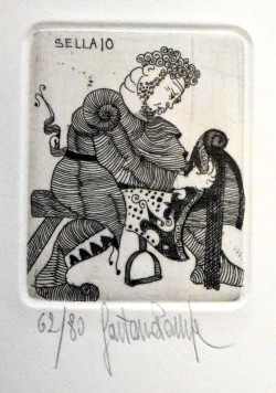 Forenza 1933 – Orbetello 1998 </br>12 Congetture sull’attività dell’uomo, 12/12/1977 – 3 di 12 Sellaio</br> Incisione su carta (misure foglio cm 27 x 19 – inciso mm 65 x 50) 62/80