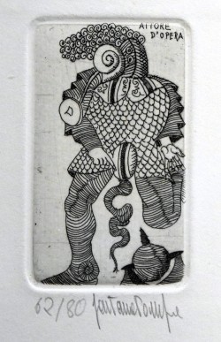 Forenza 1933 – Orbetello 1998 </br>12 Congetture sull’attività dell’uomo, 12/12/1977 – 4 di 12 Attore d’opera</br> Incisione su carta (misure foglio cm 27 x 19 – inciso mm 65 x 40) 62/80