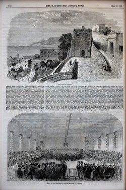 XIX secolo </br>Il carcere di Salerno </br>Processo dei detenuti nel tribunale di Salerno, 20 febbraio 1858 </br>
Xilografia (cm 39 x 26)