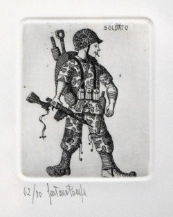 Forenza 1933 – Orbetello 1998 </br>12 Congetture sull’attività dell’uomo, 12/12/1977 – 8 di 12 Soldato</br> Incisione su carta (misure foglio cm 27 x 19 – inciso mm 80 x 65) 62/80