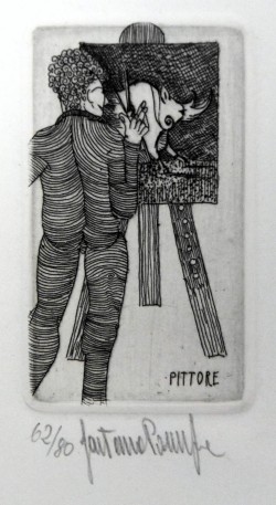 Forenza 1933 – Orbetello 1998 </br>12 Congetture sull’attività dell’uomo, 12/12/1977 – 9 di 12 Pittore</br> Incisione su carta (misure foglio cm 27 x 19 – inciso mm 65 x 35) 62/80