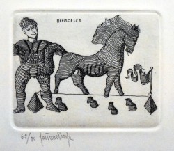 Forenza 1933 – Orbetello 1998 </br>12 Congetture sull’attività dell’uomo, 12/12/1977 – 10 di 12 Maniscalco</br> Incisione su carta (misure foglio cm 27 x 19 – inciso cm 6,5 x 8) 62/80