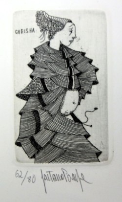 Forenza 1933 – Orbetello 1998 </br>12 Congetture sull’attività dell’uomo, 12/12/1977 – 11 di 12 Gheisha</br> Incisione su carta (misure foglio cm 27 x 19 – inciso mm 65 x 40) 62/80