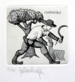 Forenza 1933 – Orbetello 1998 </br>12 Congetture sull’attività dell’uomo, 12/12/1977 – 12 di 12 Contadino</br> Incisione su carta (misure foglio cm 27 x 19 – inciso mm 70 x 70) 62/80