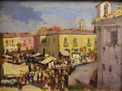 Irsina 1887 – Napoli 1963 </br>La fiera di agosto </br>Olio su tavola (cm 35,5 x 46)